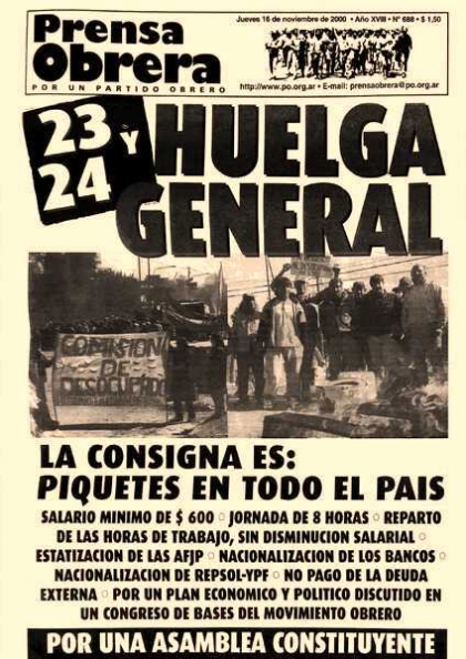 Huelga general de trabajadores de 36 horas contra el gobierno neoliberal de De la Ra