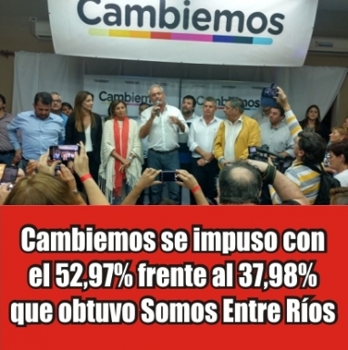Derrota histórica del peronismo en Entre Ríos: Cambiemos se impuso por 15 puntos de ventaja y en 14 de los 17 departamentos Derrota histórica del peronismo en Entre Ríos: Cambiemos se impuso por 15 puntos de ventaja y en 14 de los 17 departamentos
