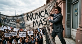 La imagen de un mandatario forcejeando con banderas que exigen 