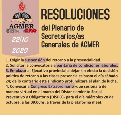 Agmer pidió al gobierno provincial que dé marcha atrás con el retorno de las clases presenciales