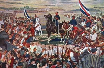 Montoneros federales entrerrianos atan sus caballos en la Pirámide de Mayo