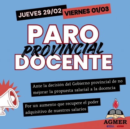 AGMER convoca a una huelga de 48 hs ante la decisión de Frigerio de no mejorar la propuesta salarial