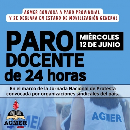 AGMER realizará un paro este 12 de junio y se declara en estado de movilización general